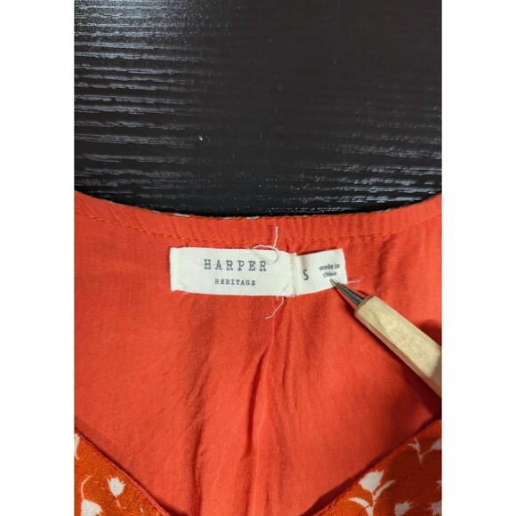 Harper Heritage Orange Floral Ruffled Button Up V-Neck Blouse Women's S - Picture 5 of 7
